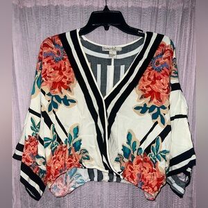 Treasure & Bond Asymmetrical Wrap Blouse in Cream and Orange